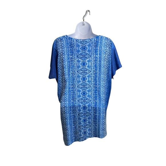 Chico's Women's Blue Ikat Boho Top Size 2 Large Festival Embellished Art To Wear - Picture 2 of 9